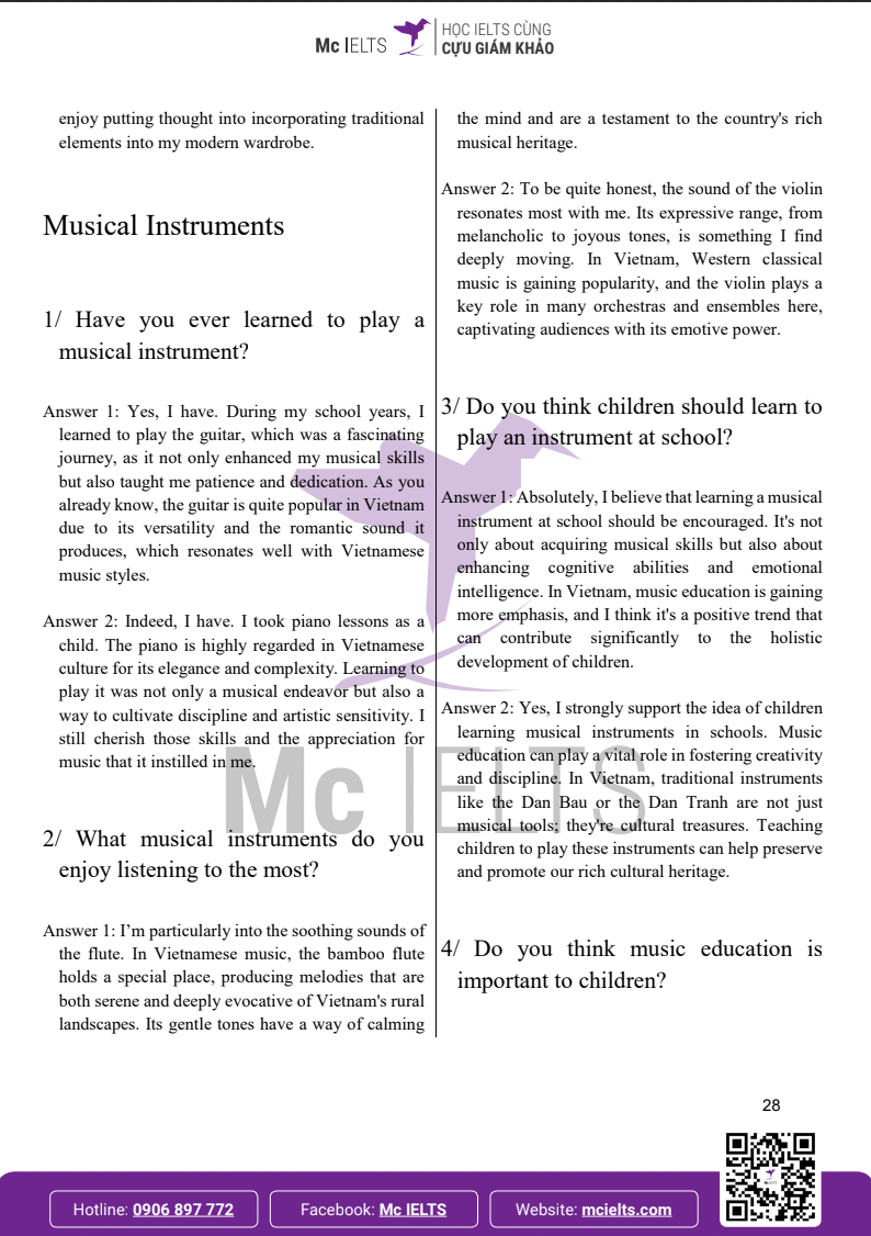 Câu trả lời mẫu IELTS Speaking Part 1 chủ đề Musical Instruments
