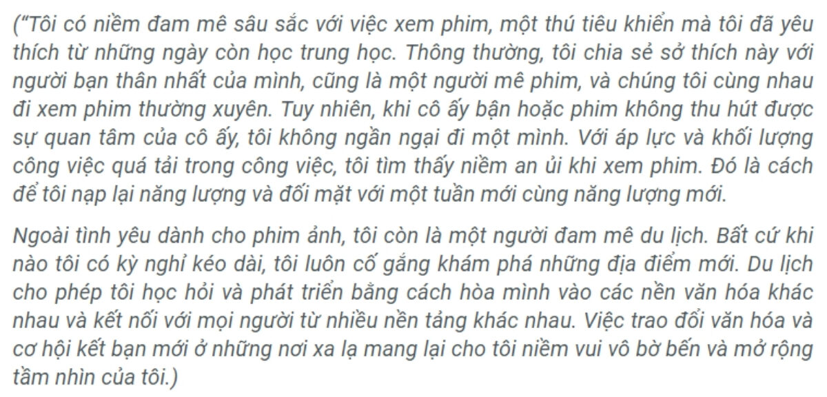Câu trả lời mẫu cho phần Speaking IELTS Part 2 bằng tiếng Việt