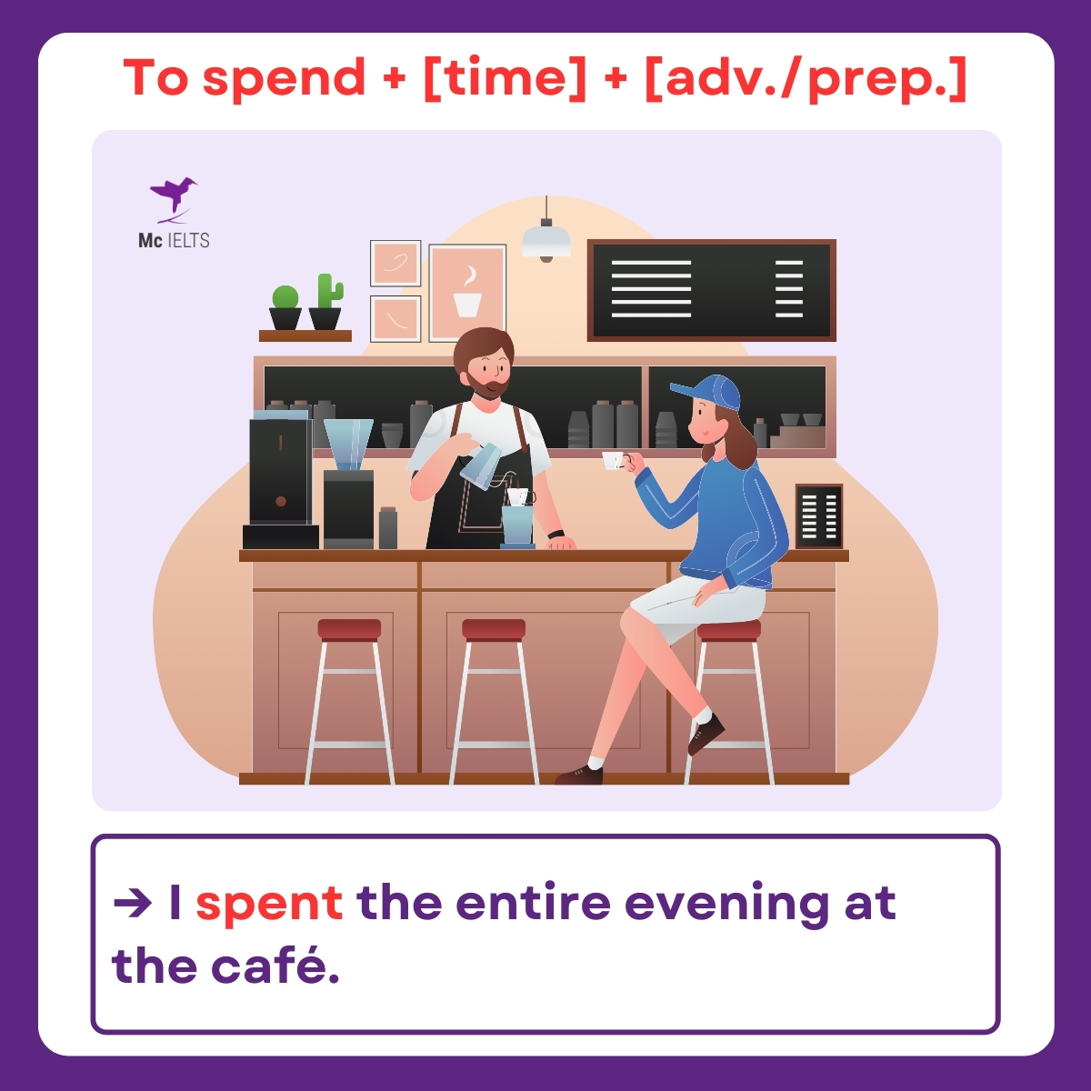 Ví dụ cấu trúc To spend + [time] + [adv./prep.]