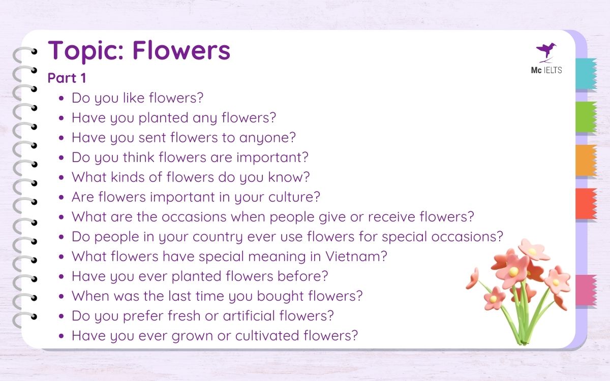 Question and answer topic Flowers Topic IELTS Speaking