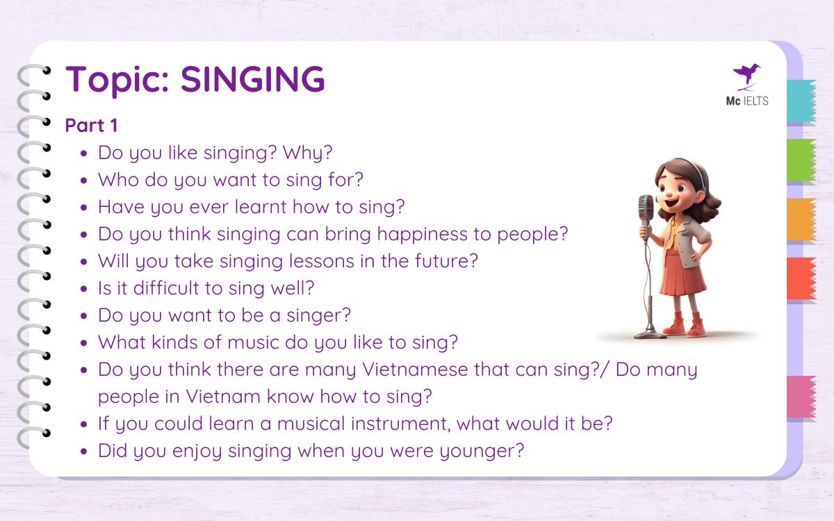 Question and answer topic IELTS Speaking Part 1 Songs and Singing